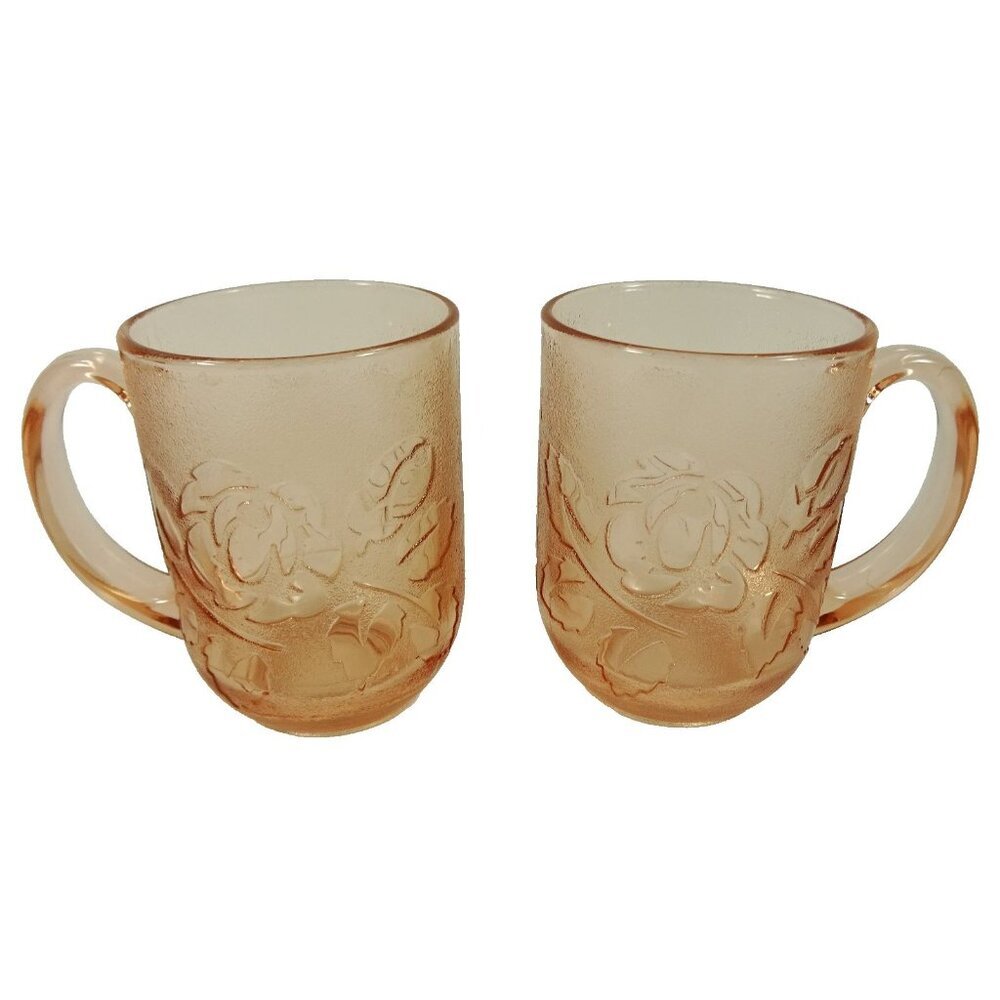 Vintage Arcoroc France Mugs Handled Cups Pink Rosaline Floral Pressed Glass